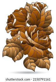 Illustration in stained glass style with a branch of a rose, flower isolated on a white background, tone brown