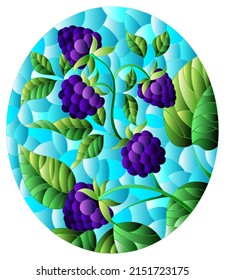 Illustration in stained glass style with a branch of ripe blackberry on a blue sky background, oval image 