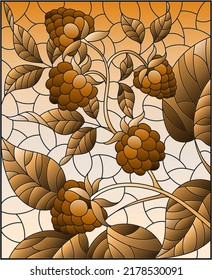 Illustration in stained glass style with a branch of ripe raspberries, tone brown