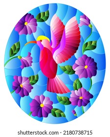 Illustration in stained glass style with a branch of purple flowers and bright pink bird Hummingbird on a blue background, round image 