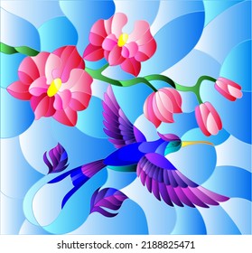 Illustration in stained glass style with a branch of pink Orchid and bright bird Hummingbird on a blue background