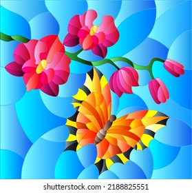 Illustration in stained glass style with a branch of pink  Orchid and orange bright butterfly on a blue background