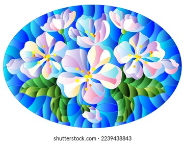 Illustration in stained glass style with a branch of cherry blossoms, flowers, buds and leaves on a blue background, oval image 