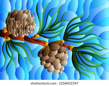 Illustration in stained glass style with a branch of larch, cones and needles on a branch on a blue background