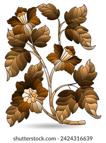 Illustration in stained glass style with a branch of abstract flowers isolated on a white background, tone brown