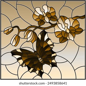 Illustration in stained glass style with a branch of Orchid and butterfly on a , tone brown