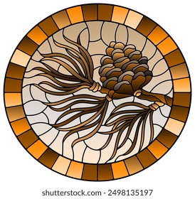 Illustration in stained glass style with a branch of larch, cone and needles on a branch , oval image, tone brown