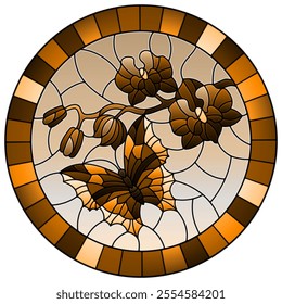 Illustration in stained glass style with a branch of Orchid and butterfly on a sky background, round image in frame, tone brown