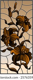 Illustration in stained glass style with a branch of lilies on a sky background, vertical image, tone brown