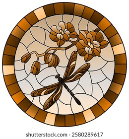 Illustration in stained glass style with a branch of Orchid and dragonfly on a sky background, round image, in frame, tone brown