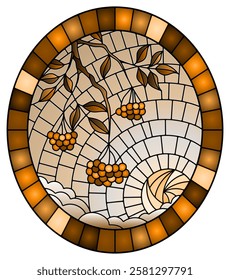 Illustration in stained glass style with a branch of mountain ash, clusters of berries and leaves against the sky with sun and clouds , oval image , tone brown