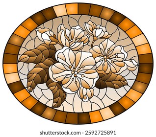 Illustration in stained glass style with a branch of cherry blossoms, flowers, buds and leaves on a sky background,tone brown