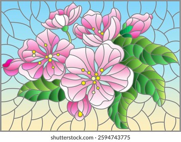 Illustration in stained glass style with a branch of cherry blossoms, flowers, buds and leaves on a blue background