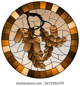 Illustration in stained glass style with the branch of an oak tree, acorns and leaves on the background of sky in frame, round picture, tone brown