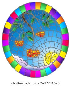 Illustration in stained glass style with a branch of mountain ash, clusters of berries and leaves against the sky with sun and clouds , oval image in bright frame