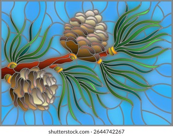 Illustration in stained glass style with a branch of larch, cones and needles on a branch on a blue background