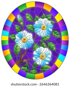 Ilustração em estilo de vidro manchado com um ramo de uma planta florida com flores azuis em um fundo roxo em um quadro brilhante, imagem oval