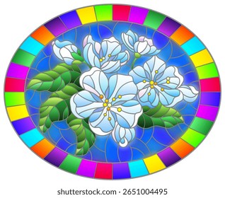 Illustration in stained glass style with a branch of cherry blossoms, flowers, buds and leaves on a blue background, oval image in bright frame