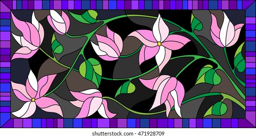 Illustration in stained glass style, the branch with flowers on a dark background