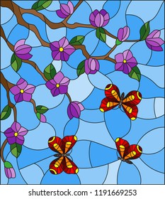 Illustration in stained glass style with branches of a flowering tree with purple flowers and leaves, and bright red butterflies on a blue background