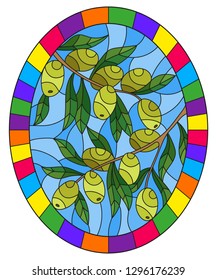 Illustration in stained glass style with branches of green olives on a blue sky background, oval image in a bright frame