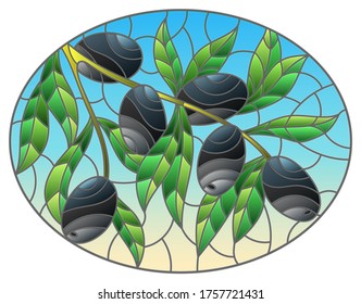 Illustration in stained glass style with branches of black olives on a blue sky background, oval image 