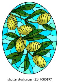 Illustration in stained glass style with branches of olives on a blue sky background, oval image 