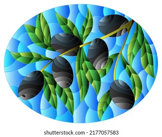 Illustration in stained glass style with branches of black olives on a blue sky background, oval image 