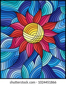 Illustration in stained glass style with bright pink abstract flower on blue   wavy background