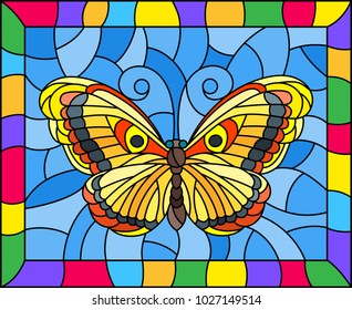 Illustration in stained glass style with bright yellow butterfly on a blue background in a bright frame 