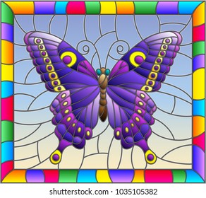 Illustration in stained glass style with bright purple butterfly on a blue background in a bright frame