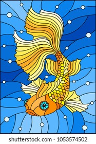 Illustration in stained glass style with bright gold fish on the background of water and air bubbles