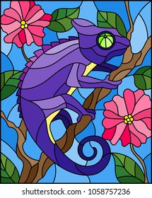 Illustration in stained glass style with bright purple chameleon on plant branches background with leaves and flowers on blue background