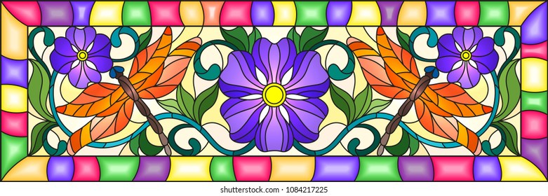 Illustration in stained glass style with bright orange  dragonflyes , floral ornament and purple  flowers on a yellow background in a bright frame 