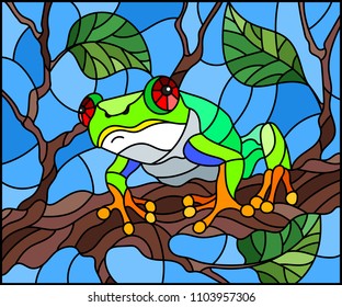 Illustration in stained glass style with bright green frog on plant branches background with leaves  on blue background