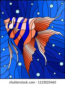 Illustration in stained glass style with bright scalar fish on the background of water and air bubbles