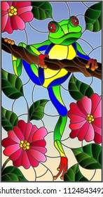 Illustration in stained glass style with bright green frog on plant branches background with flowers and leaves  on sky background