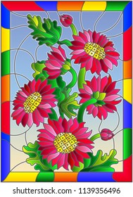 Illustration in stained glass style with bright pink flowers  , buds and leaves on a sky background in bright frame 
