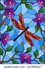 Illustration in stained glass style with bright red  dragonfly against the sky, foliage and purple flowers