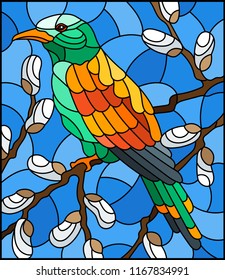 Illustration in stained glass style with a bright bird on willow branches against the sky