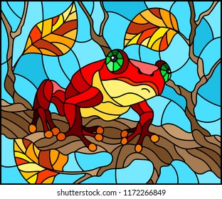 Illustration in stained glass style with bright red  frog on plant branches background with leaves  on blue background