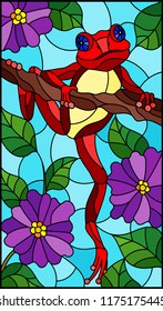 Illustration in stained glass style with bright red frog on plant branches background with purple flowers and leaves  on sky background