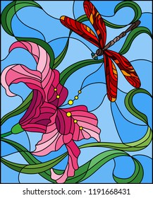 Illustration in stained glass style with bright red  dragonfly against the sky, foliage and flower of pink Lily
