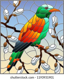 Illustration in stained glass style with a bright bird on willow branches against the sky