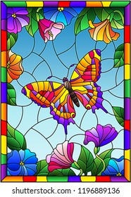 Illustration in stained glass style with a bright butterfly on a background of flowers and sky in a bright frame