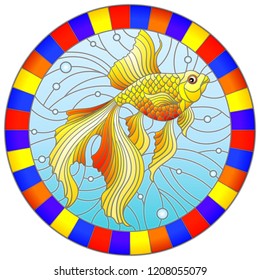 Illustration in stained glass style with bright gold fish on the background of water and air bubbles, round image in bright frame