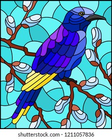 Illustration in stained glass style with a bright blue bird on willow branches against the sky