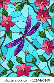 Illustration in stained glass style with bright purple dragonfly against the sky, foliage and pink flowers