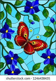 Illustration in stained glass style with a bright red butterfly on a background of blue flowers and sky 