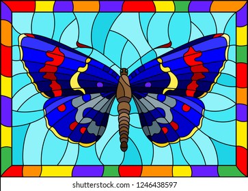 Illustration in stained glass style with bright blue moth on a blue background in a bright frame